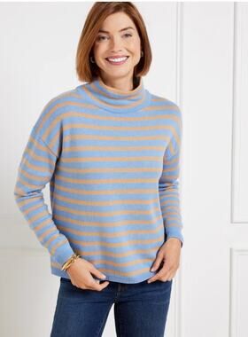 Talbots Metallic Stripe Turtleneck Sweater L Blue Tan Knit Winter Classic Preppy